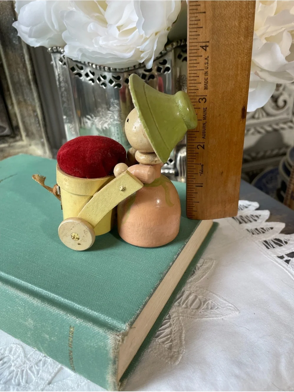 Handcrafted Yellow Wooden Pin Cushion with Red Velvet Top vintage Japan